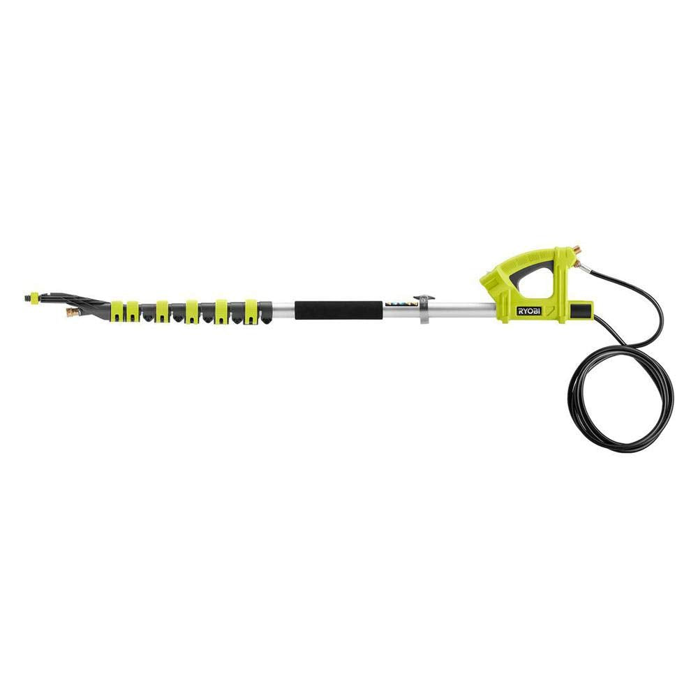 RYOBI 18ft extension pole with brush extends reach for high-cleaning tasks on exteriors.