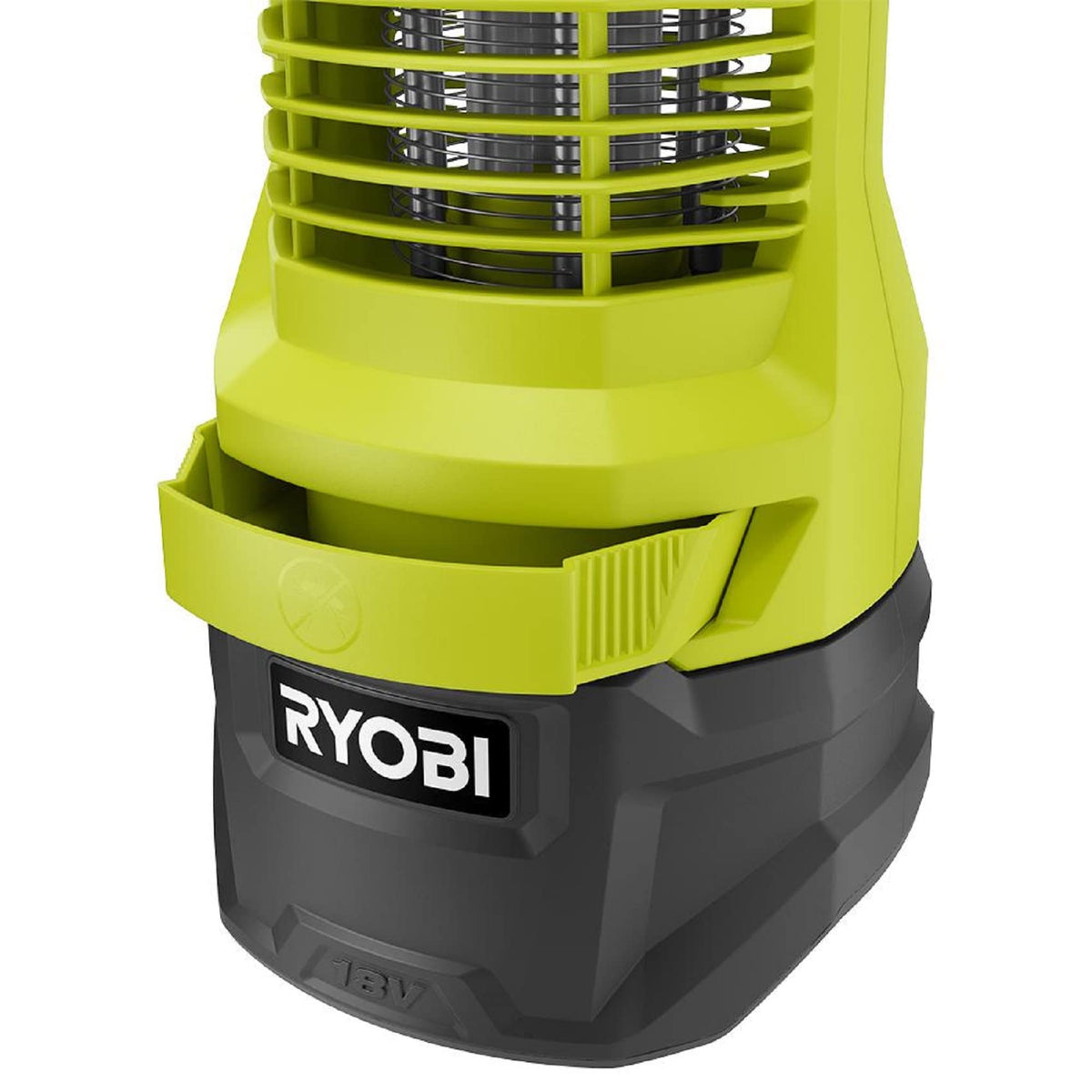 RYOBI 18V ONE+ Bug Zapper close-up shows battery and easy swap for quick setup.