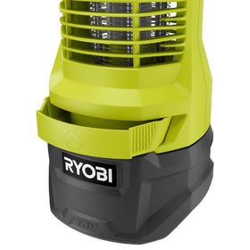RYOBI 18V ONE+ Bug Zapper close-up shows battery and easy swap for quick setup.