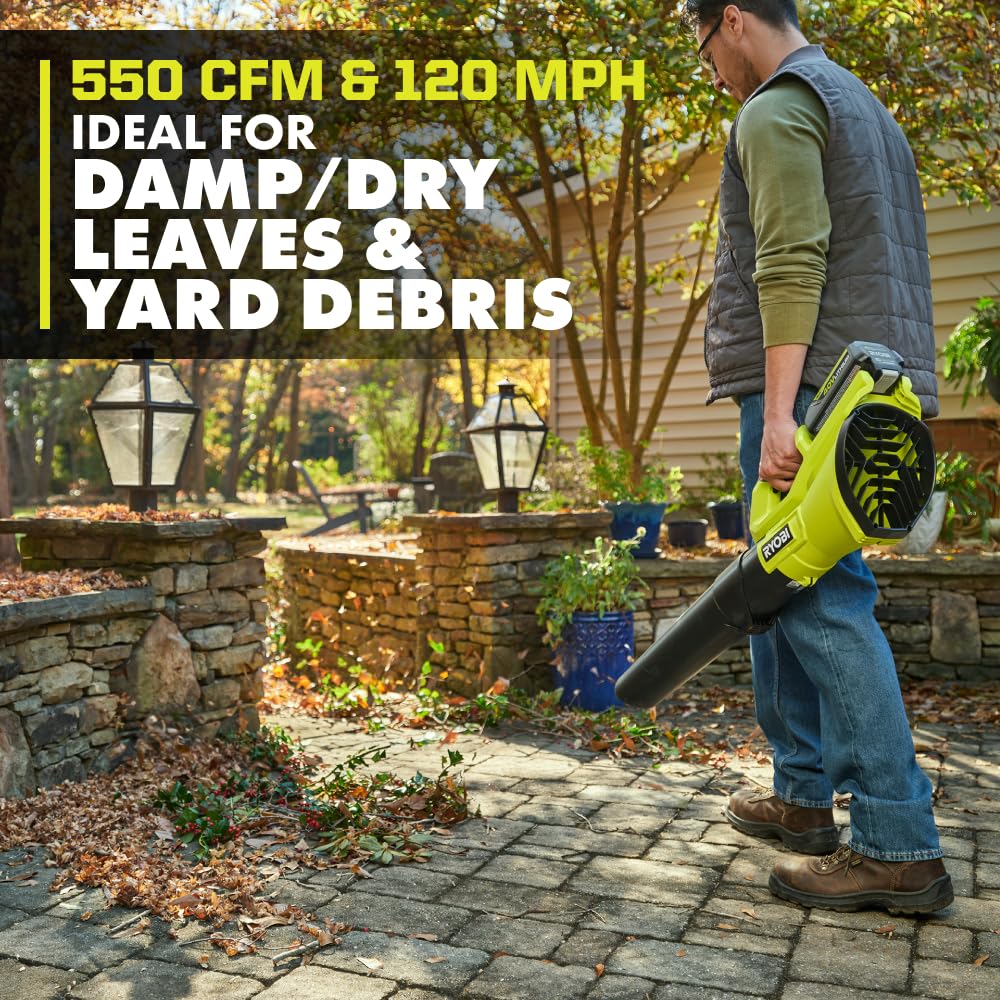 RYOBI 40V blower air output display shows mph and cfm figures.