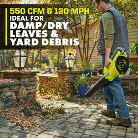 RYOBI 40V blower air output display shows mph and cfm figures.