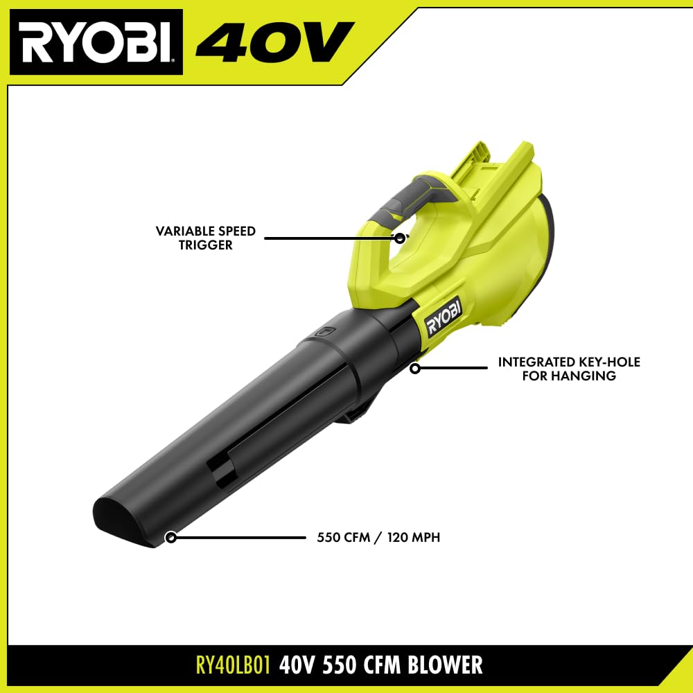 RYOBI 40V blower includes battery and charger for ready-to-use convenience.