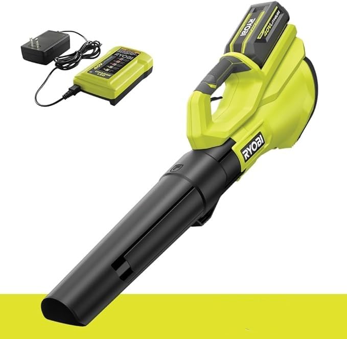 RYOBI 40V blower front view shows compact power for quick cleanups.