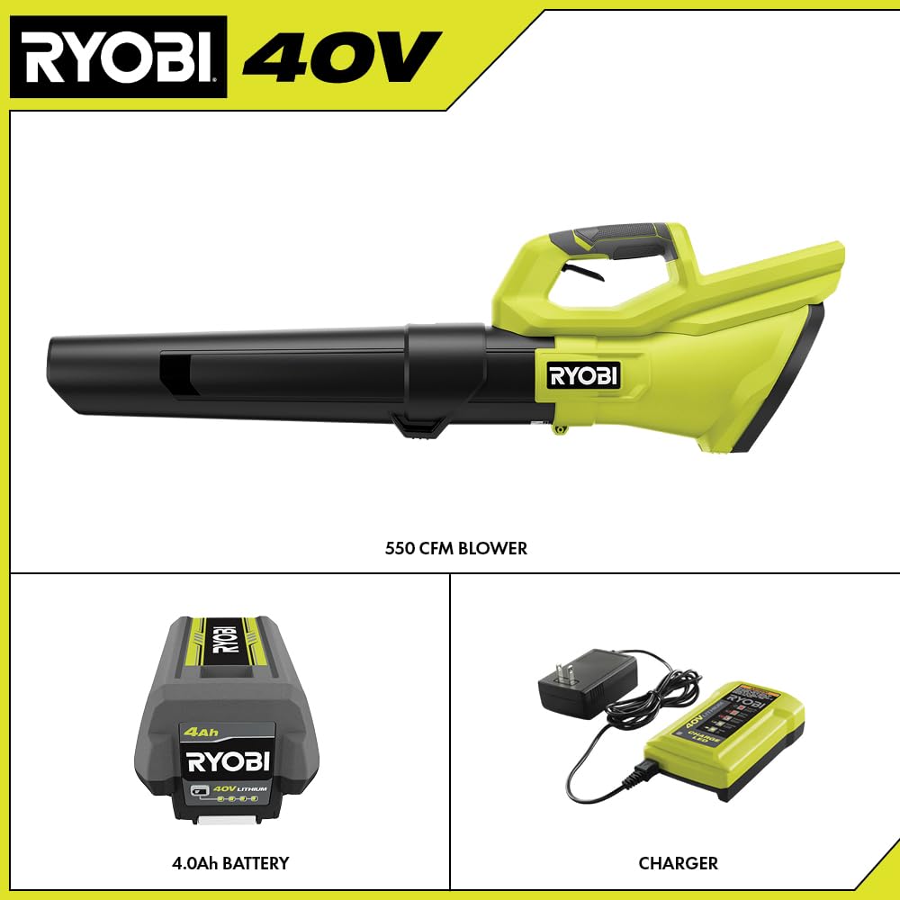 RYOBI 40V blower nozzle action highlights targeted debris removal on patios.