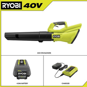 RYOBI 40V blower nozzle action highlights targeted debris removal on patios.