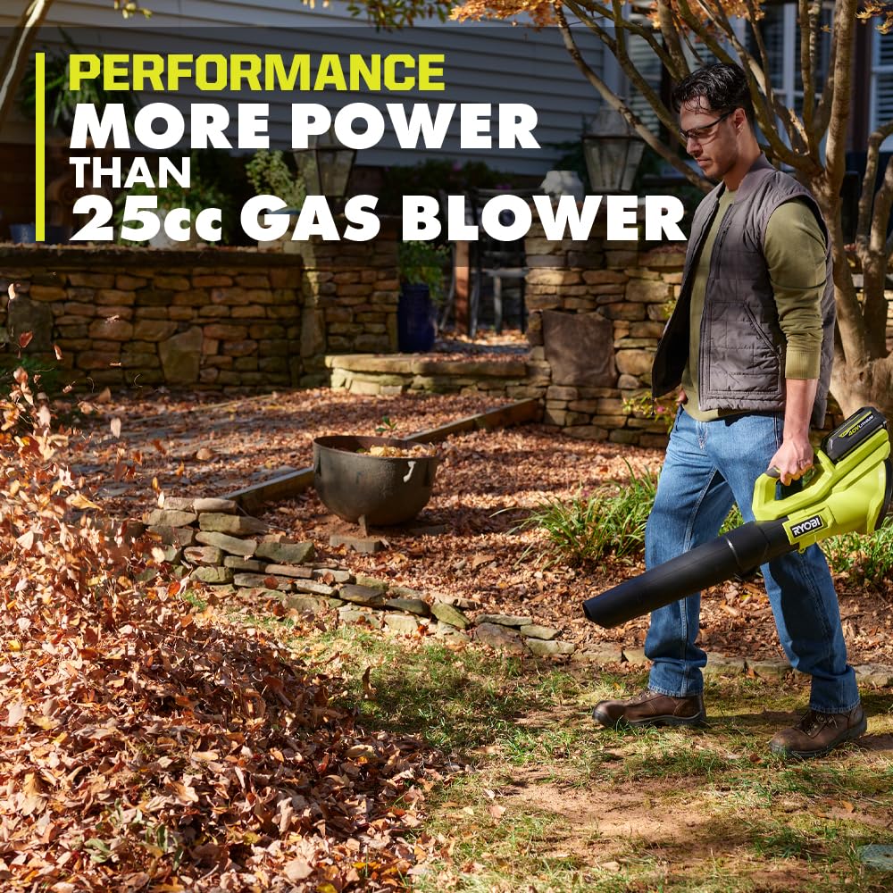 RYOBI 40V blower side profile emphasizes slim design for storage.