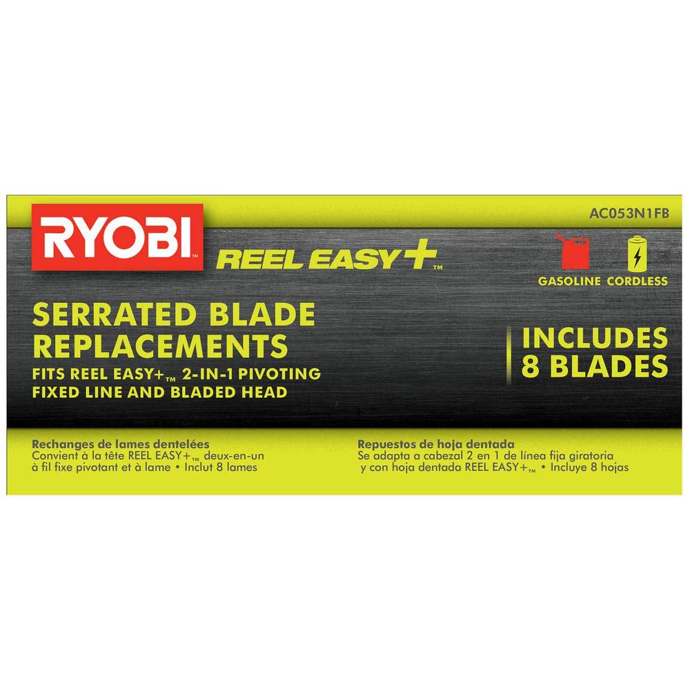 RYOBI blades pack on workbench shows reel mower compatibility for reliable maintenance.
