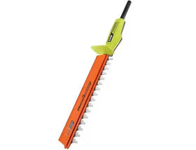RYOBI Expand-It 18-inch hedge trimmer attachment mounted on a trimmer for precise edging.