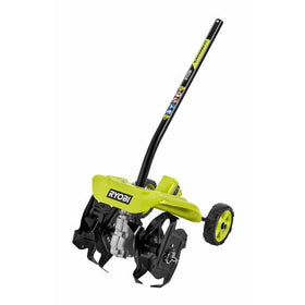 RYOBI Expand-It tiller attachment showing 8 inch working width for easy soil prep