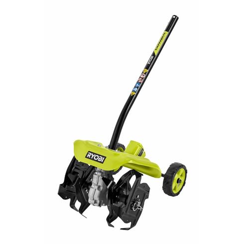 RYOBI Expand-It tiller attachment showing 8 inch working width for easy soil prep