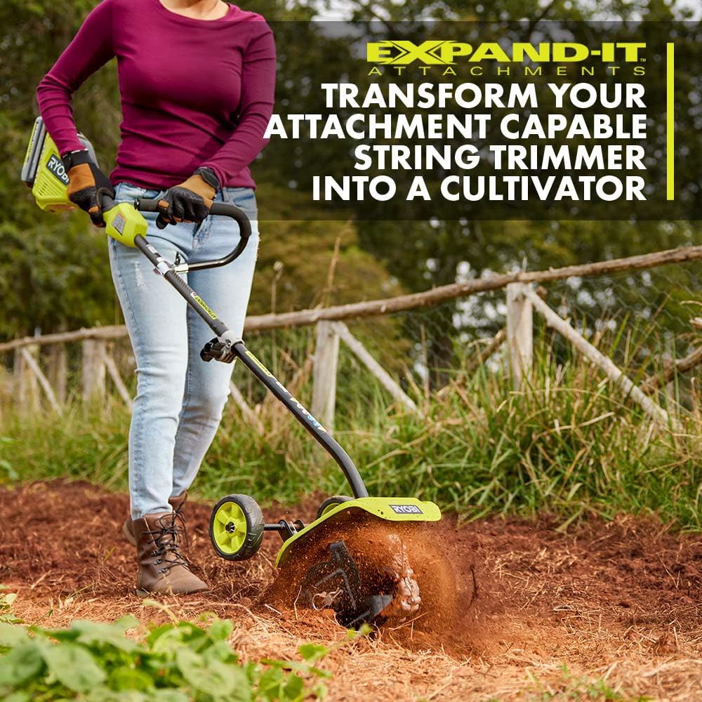 RYOBI Expand-It debris guard protecting user during soil cultivation