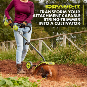 RYOBI Expand-It debris guard protecting user during soil cultivation