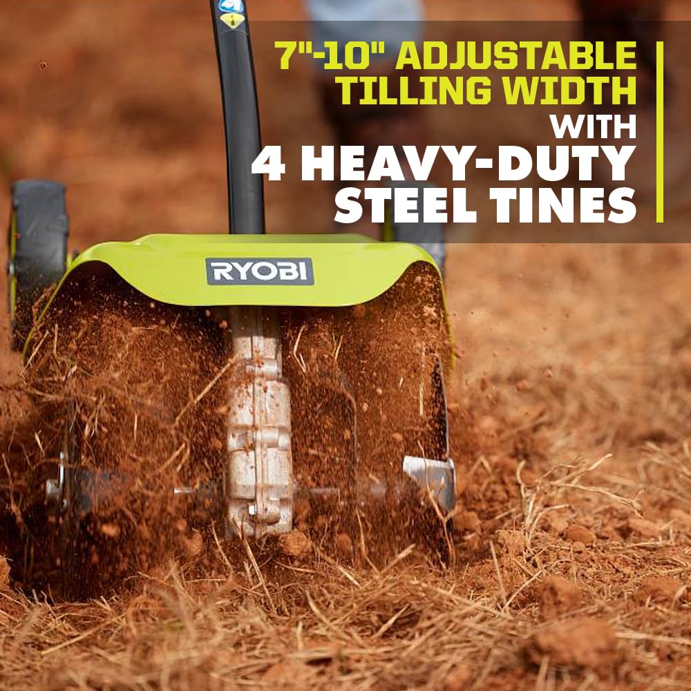 RYOBI Expand-It tiller attachment with integrated transport wheels for easy maneuvering