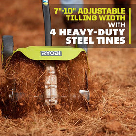 RYOBI Expand-It tiller attachment with integrated transport wheels for easy maneuvering