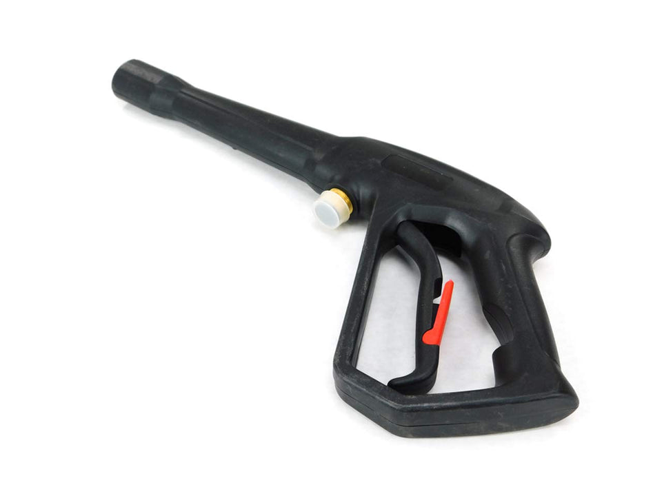 Ryobi front trigger handle close-up highlighting durable OEM construction.