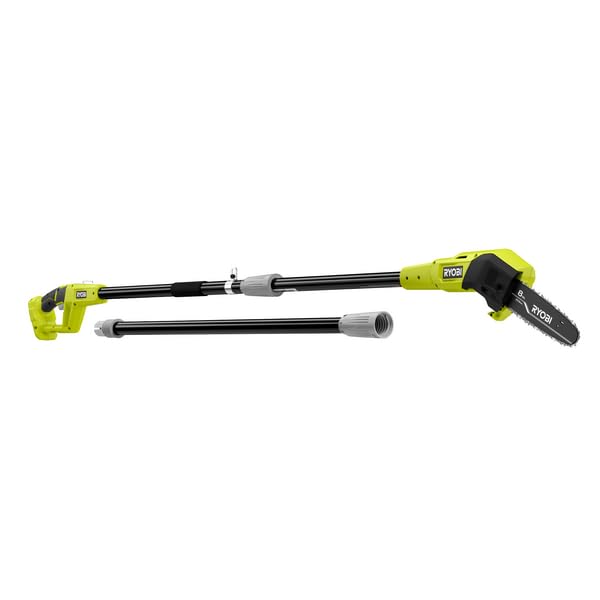 RYOBI ONEAND 18V 8-in cordless pole saw pruning branches with oil-free convenience.