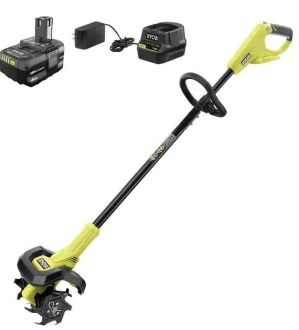 RYOBI ONE+ 18V cultivator with 8-inch tines for easy soil prep in small garden beds