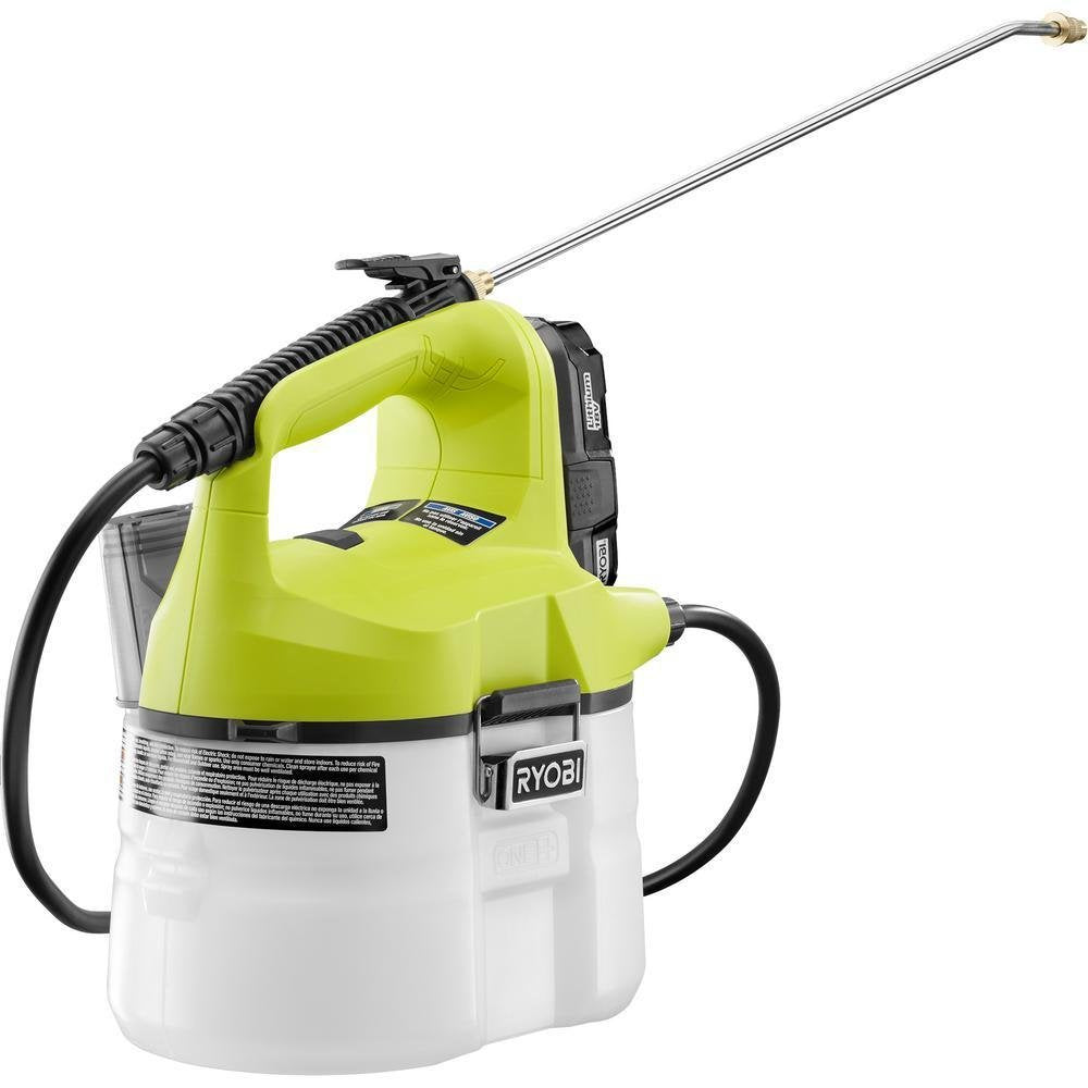 Ryobi ONE+ 18V chemical sprayer in use, delivering precise mist for garden care