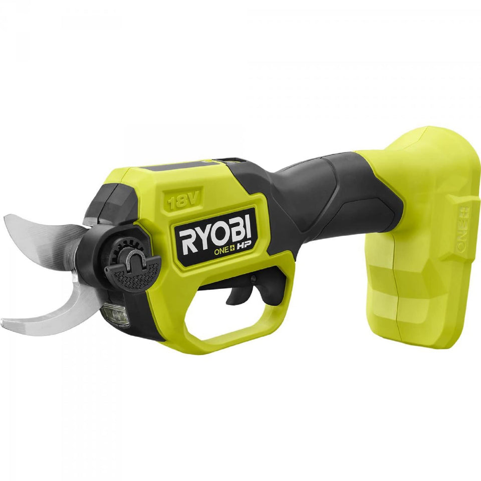 RYOBI ONE+ HP 18V cordless pruner blade detail showing bypass cutting action.