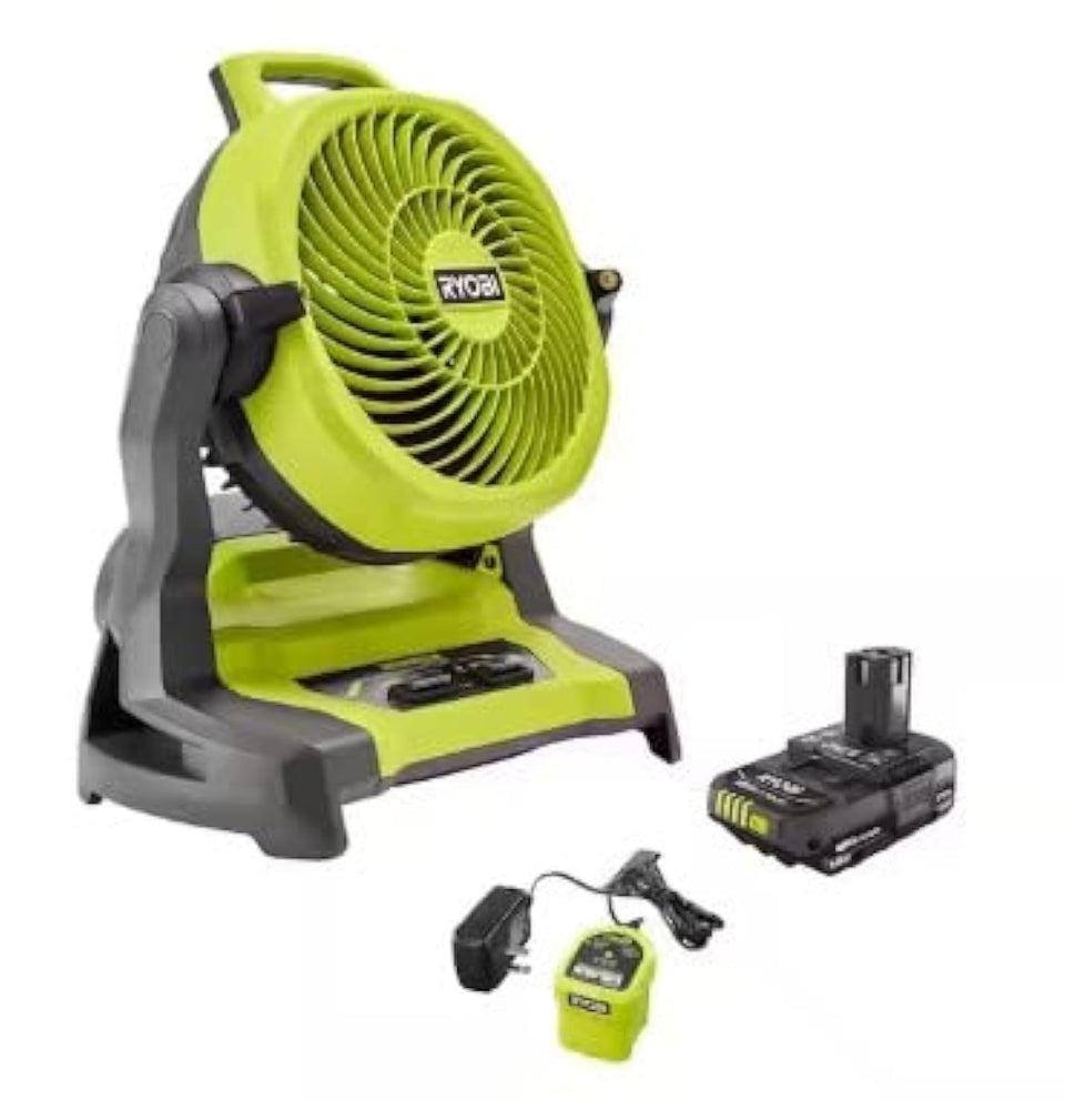 RYOBI ONE+ bucket-top misting fan in action delivering cooling with up to 14 ft misting reach