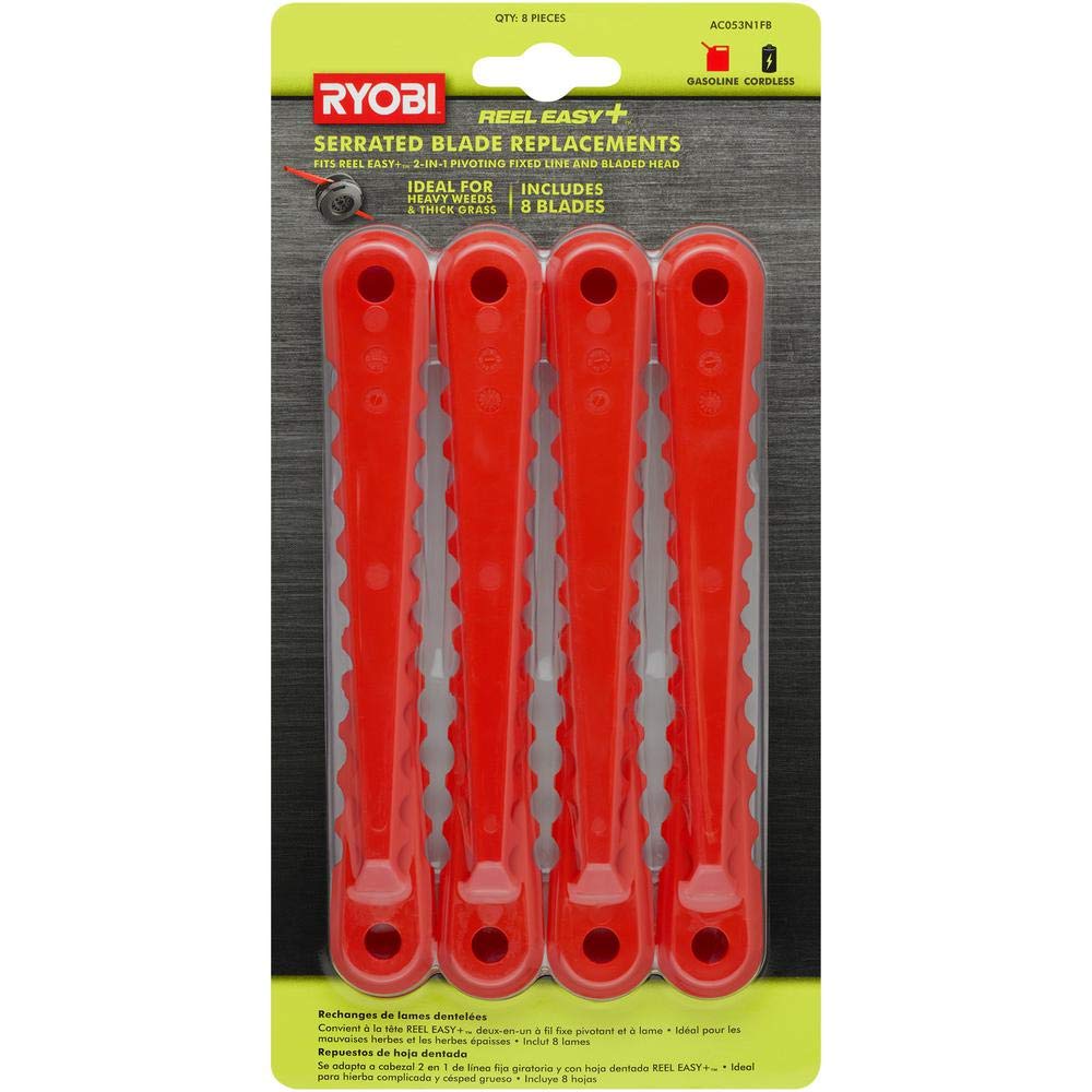 RYOBI Reel Easy blades pack close-up showing durable serrations for precise lawn cuts.