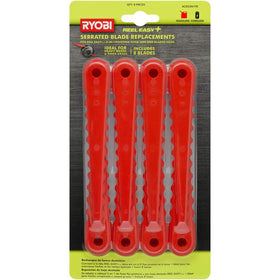 RYOBI Reel Easy blades pack close-up showing durable serrations for precise lawn cuts.