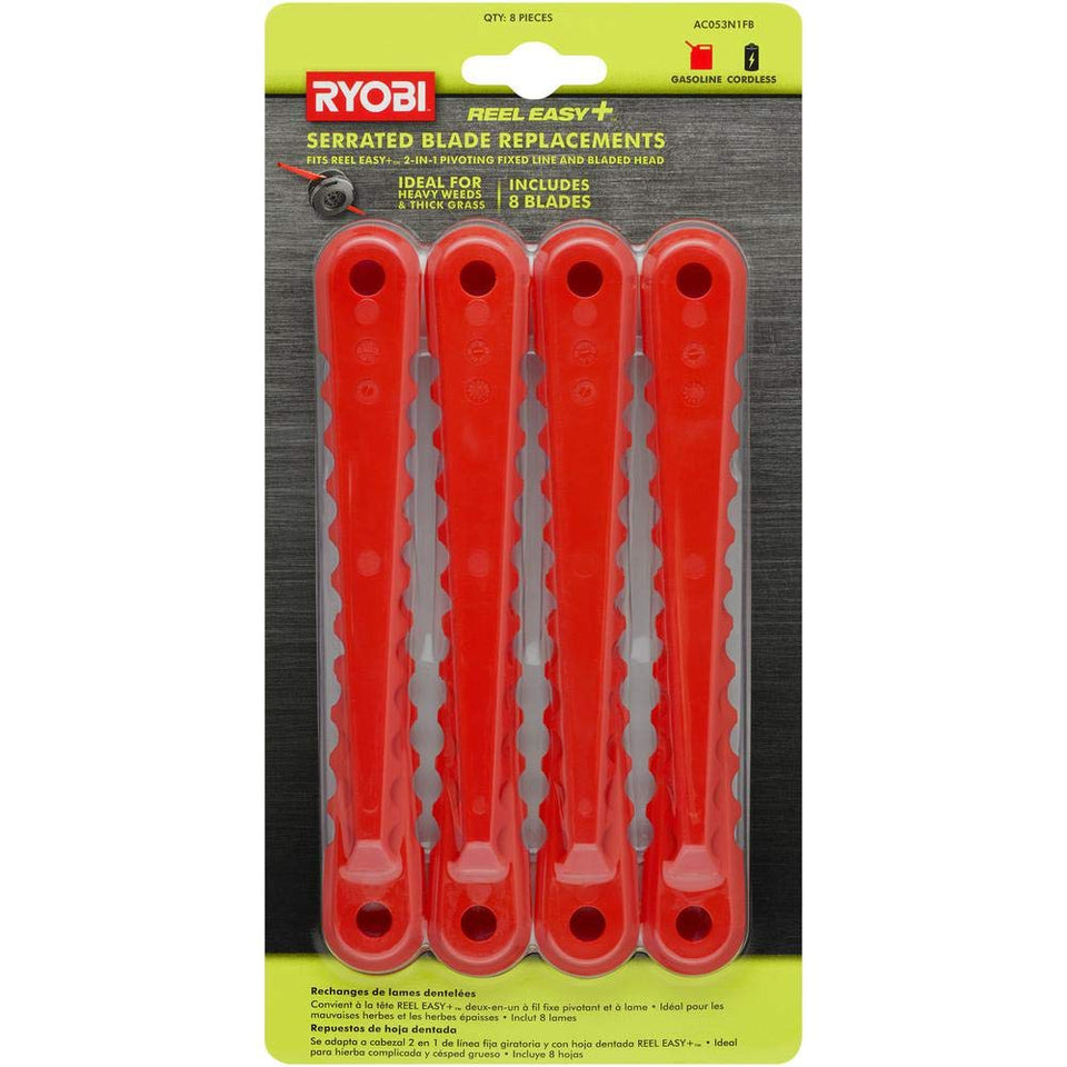 RYOBI Reel Easy blades pack close-up showing durable serrations for precise lawn cuts.