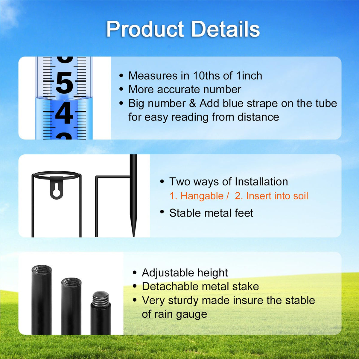 RYOEIKT Rain Gauge Durable Steel Holder resists fading and deformation