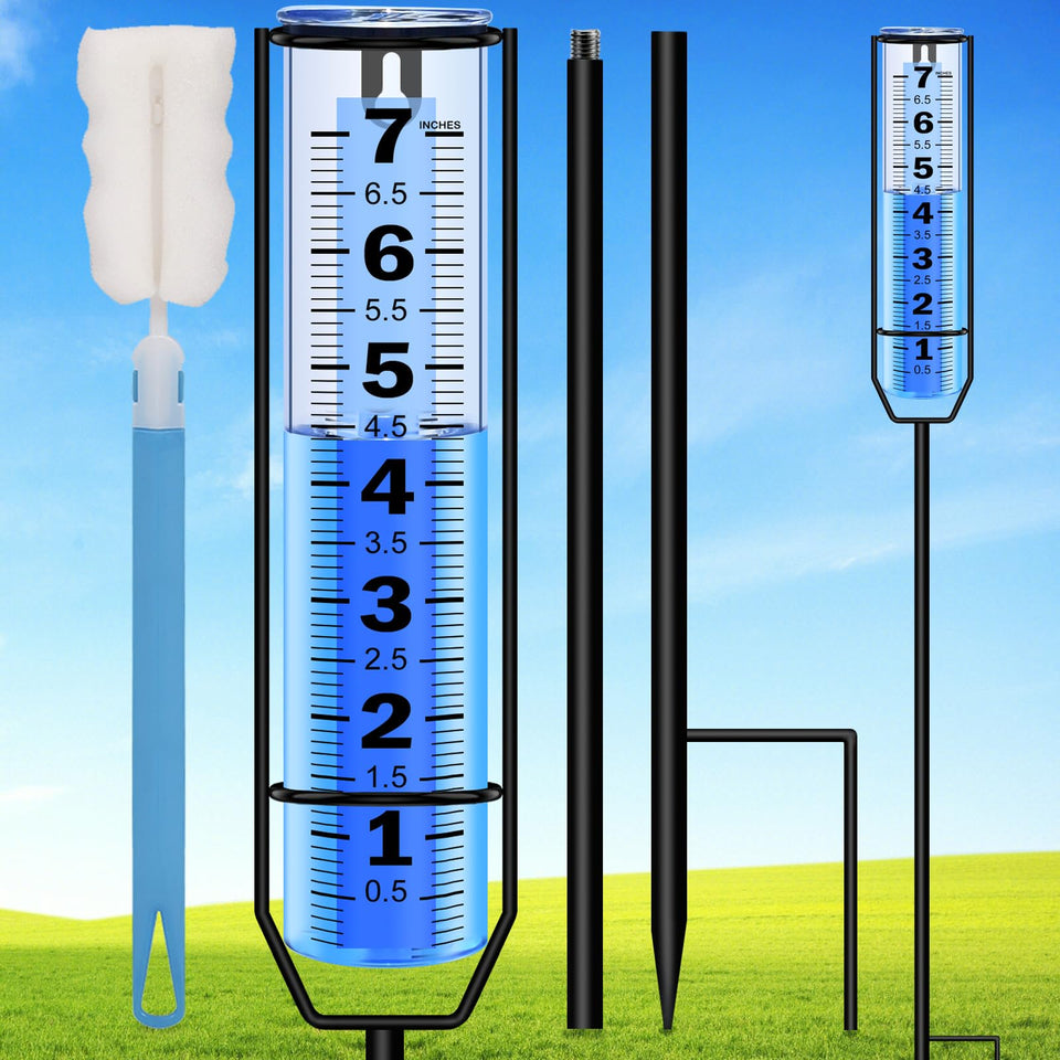 RYOEIKT rain gauge front view with upgraded clear tube for easy reading.