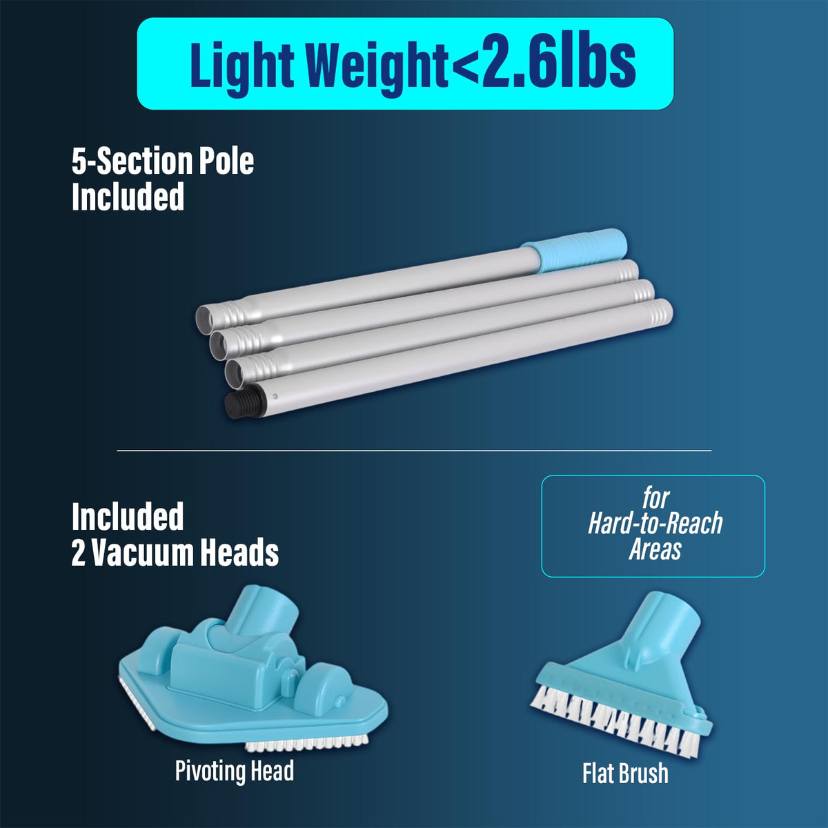 S7 84-inch aluminum pole included for extended reach across pools.