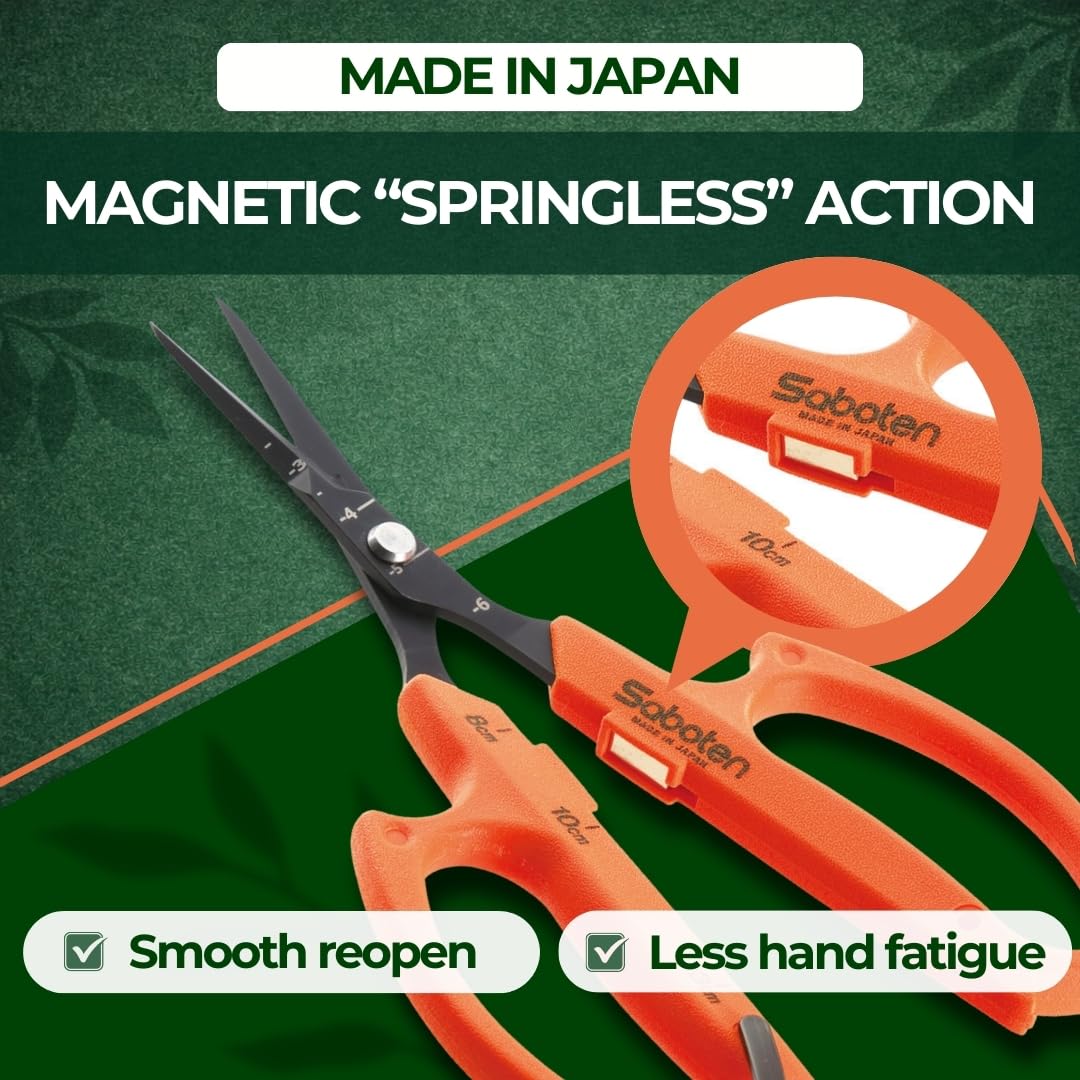 Saboten shears with ultra-fine angled tip for precise cuts in tight spaces.