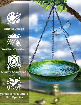 SAC SMARTEN ARTS hanging bird bath in a backyard setting