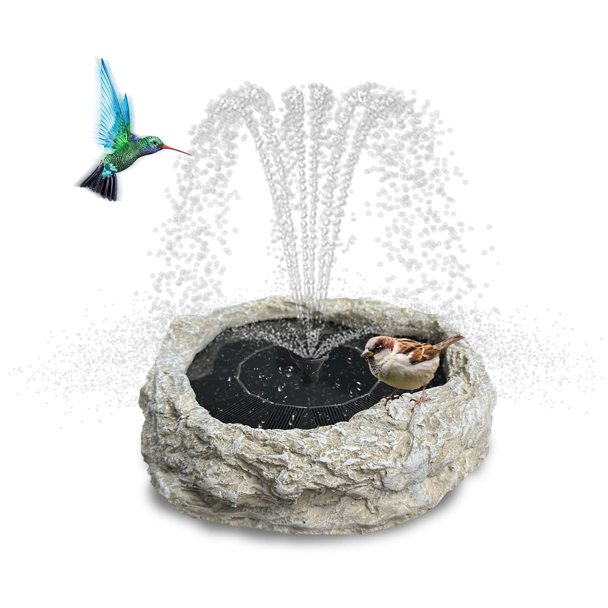 SAC SMARTEN ARTS solar panel birdbath fountain powers a sun-driven outdoor display.