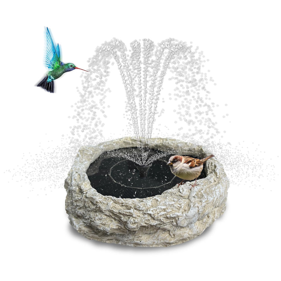 SAC SMARTEN ARTS solar panel birdbath fountain powers a sun-driven outdoor display.