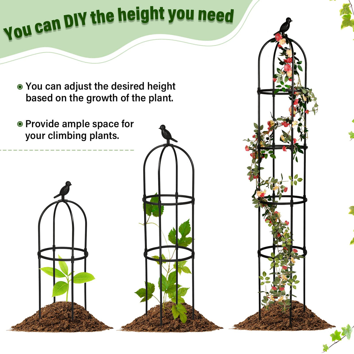 Sadnyy matte black obelisk trellis blends with garden scenery.