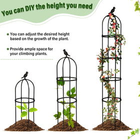 Sadnyy matte black obelisk trellis blends with garden scenery.