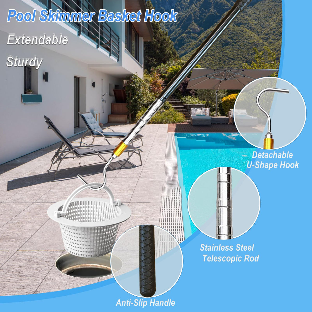 Sadoia adjustable pool skimmer pole reaches high baskets without bending.