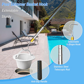 Sadoia adjustable pool skimmer pole reaches high baskets without bending.