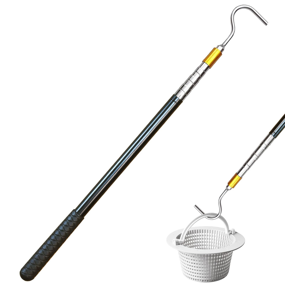 Sadoia extendable pool skimmer basket hook extends reach for easy cleaning.