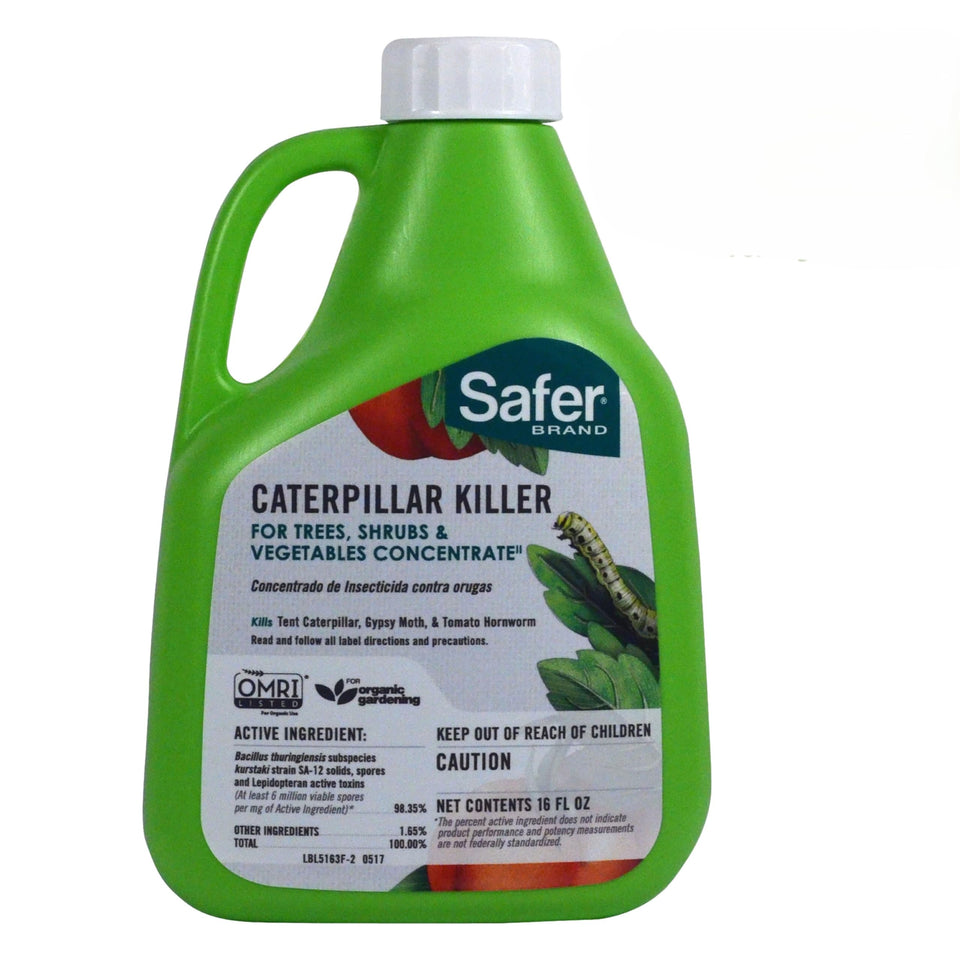 Safer Caterpillar Killer II bottle pour shows BT based organic pest control option