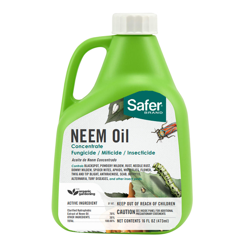 Safer Neem Oil Concentrate bottle promotes pest and disease control for home gardens.