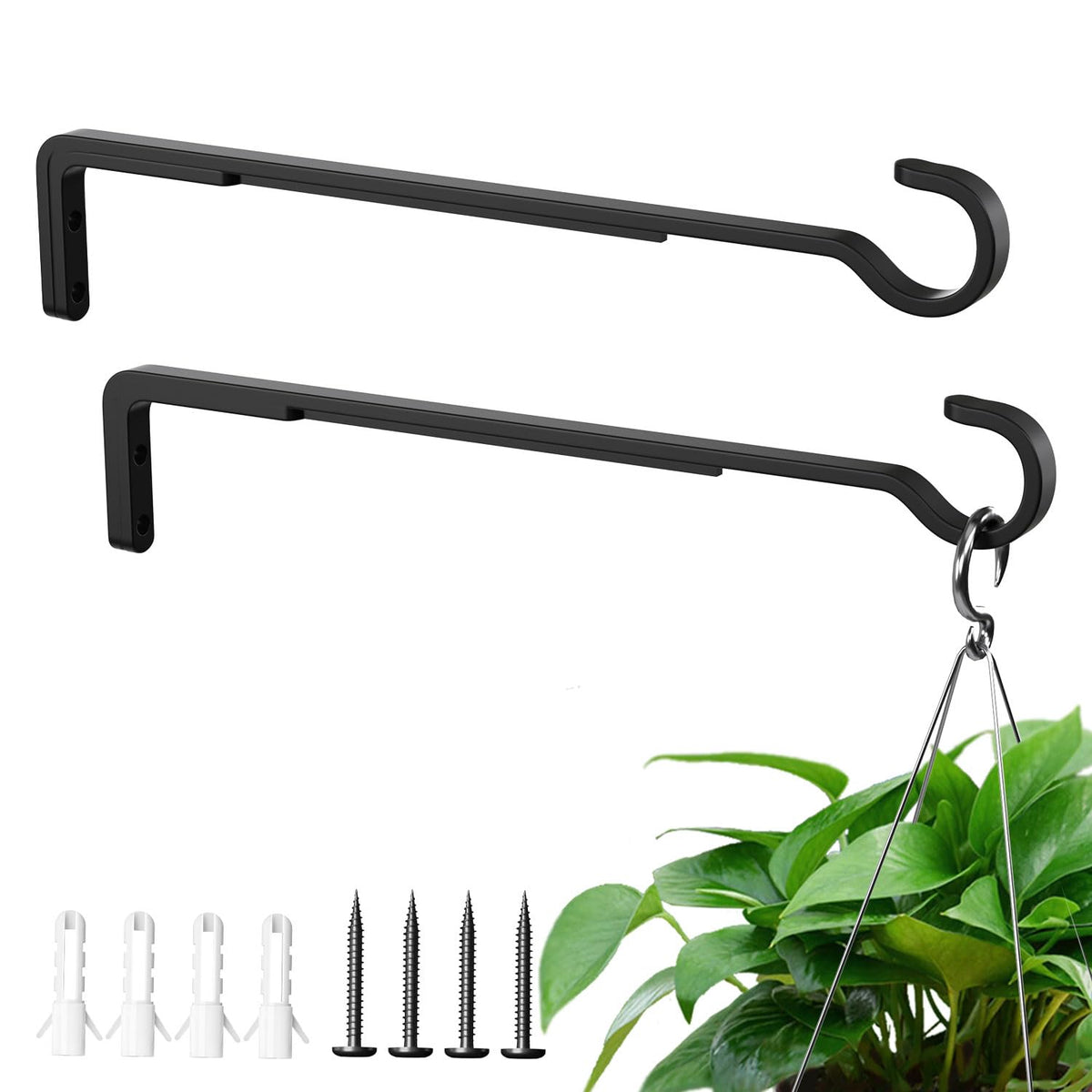 Saffruff 12-inch black iron plant hanger for durable outdoor display of baskets.