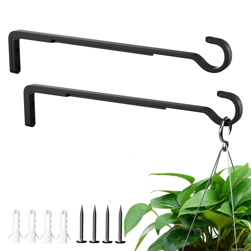 Saffruff 12-inch black iron plant hanger for durable outdoor display of baskets.