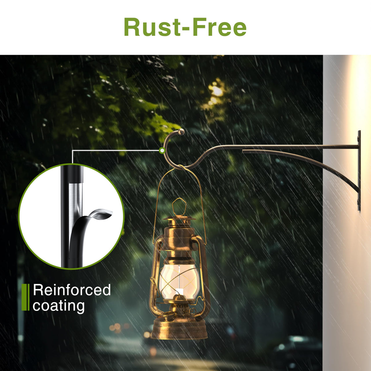 Saffruff wall-mount bracket holding a lantern in a garden