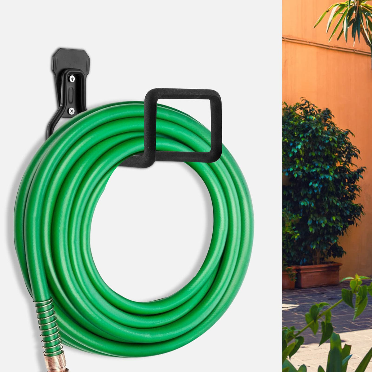 Sageme hose holder on brick wall organizes long hoses to prevent tangles.