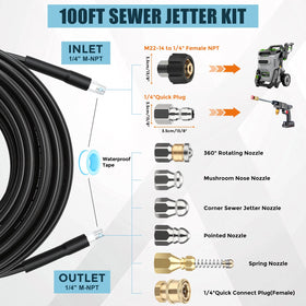 SAGEWOLF 100ft drain hose ready to reach distant pipes for easy cleaning.