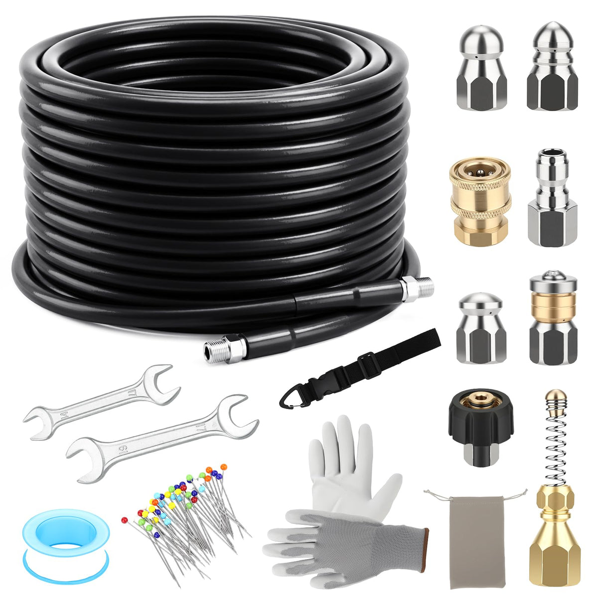 SAGEWOLF sewer jetter kit components laid out for quick setup.