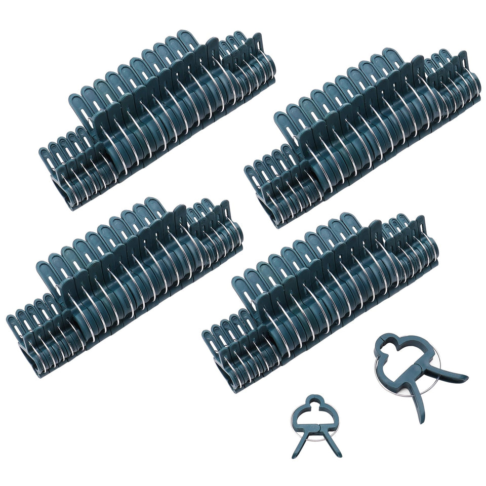 Sago Brothers 80-piece clips securing tomato cages for tidy growth.