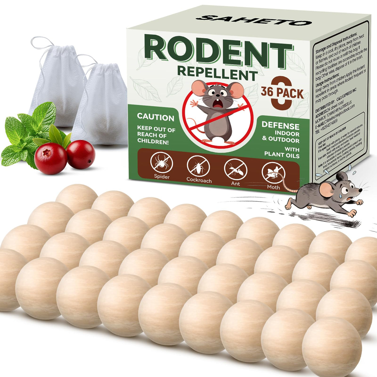 SAHETO rodent repellent balls pack showing 36 pieces for broad indoor-outdoor protection