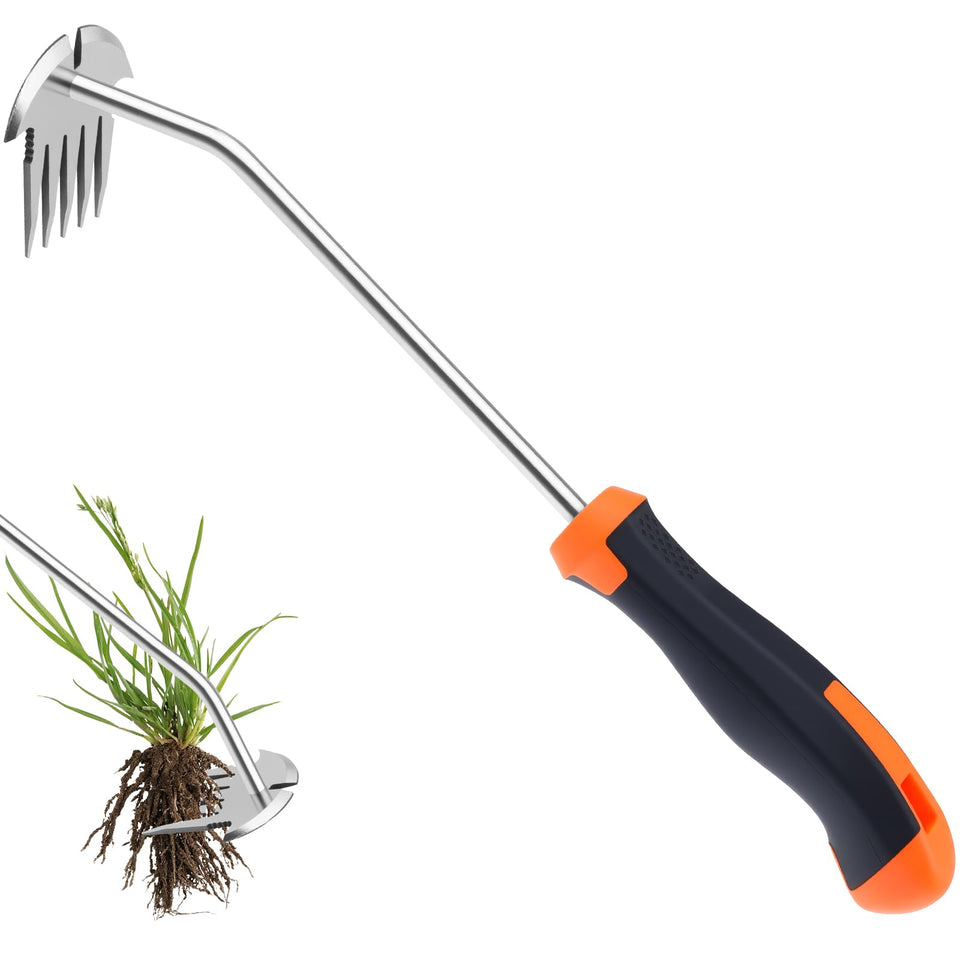 Saidrip Weed Puller Tool with five teeth removing deep weeds in a garden.